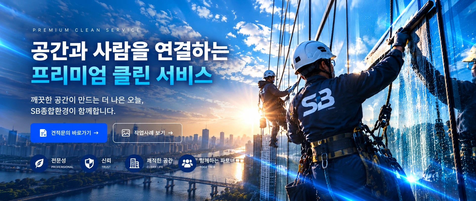 공간과 사람을 연결하는 프리미엄 클린서비스 — 고층 건물 유리 외벽 청소 작업 현장